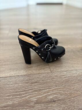 Coach Black Leather Studded Tassel Clog Mules